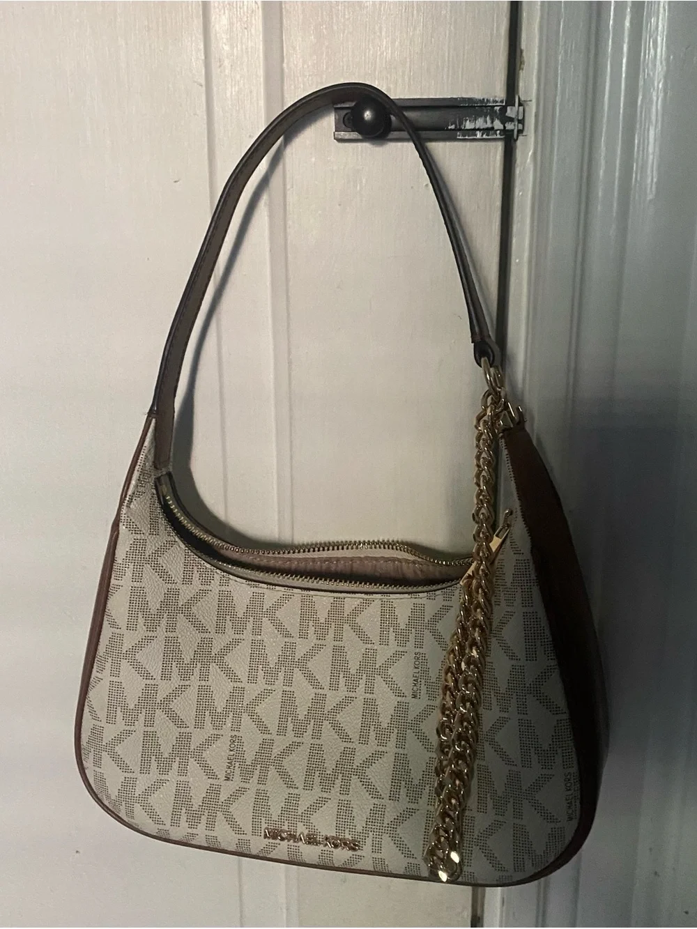 Michael Kors Cream Logo Shoulder Bag with Gold Chain